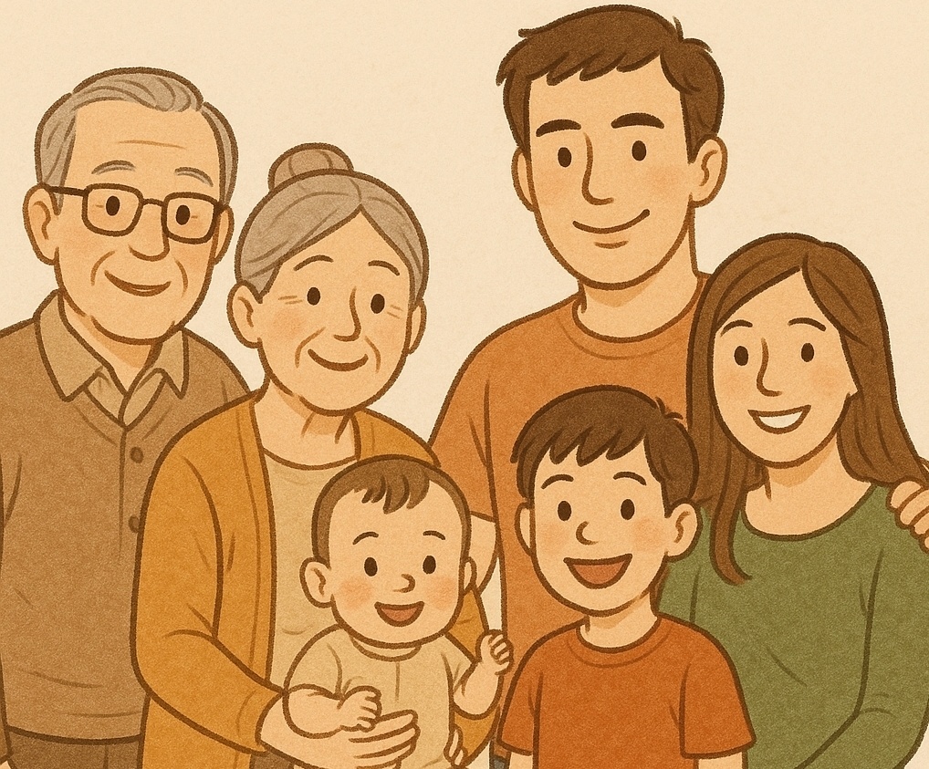조부모와 엄마,아빠, 아들둘의 가족 그림