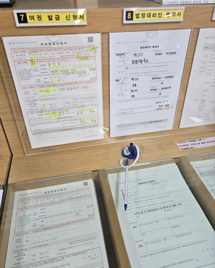 예시로 적혀있는 여권발급신청서와 법정대리인 동의서 양식